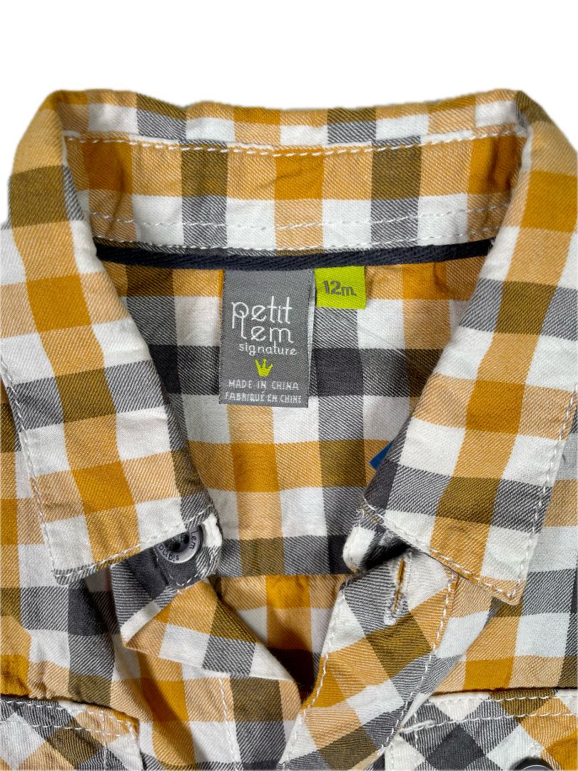 12 mo, Petit Lem, White, Yellow/black gingham long-sleeve button-up shirt