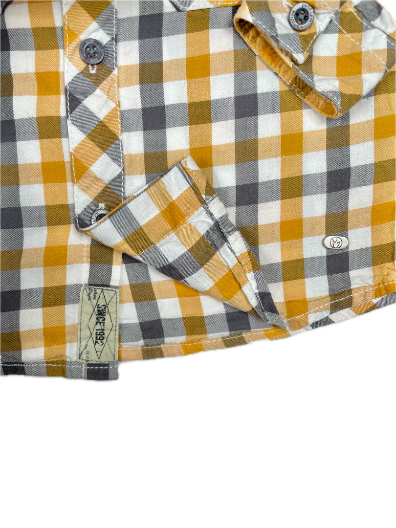 12 mo, Petit Lem, White, Yellow/black gingham long-sleeve button-up shirt