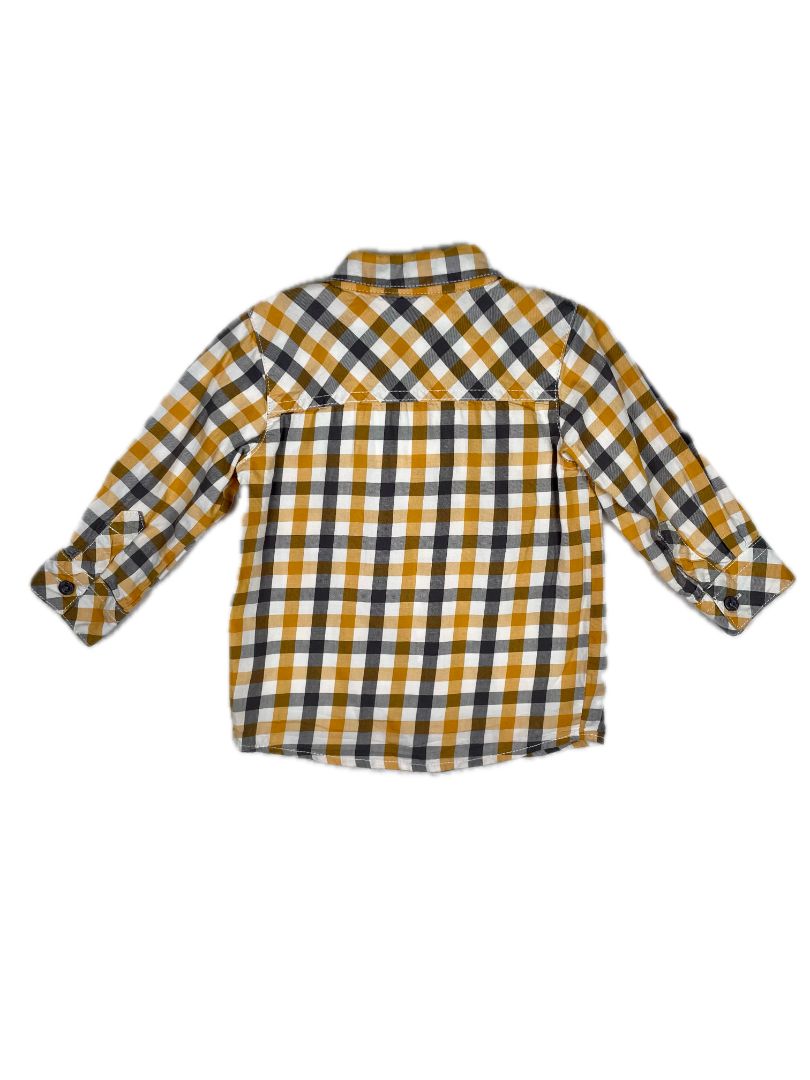 12 mo, Petit Lem, White, Yellow/black gingham long-sleeve button-up shirt