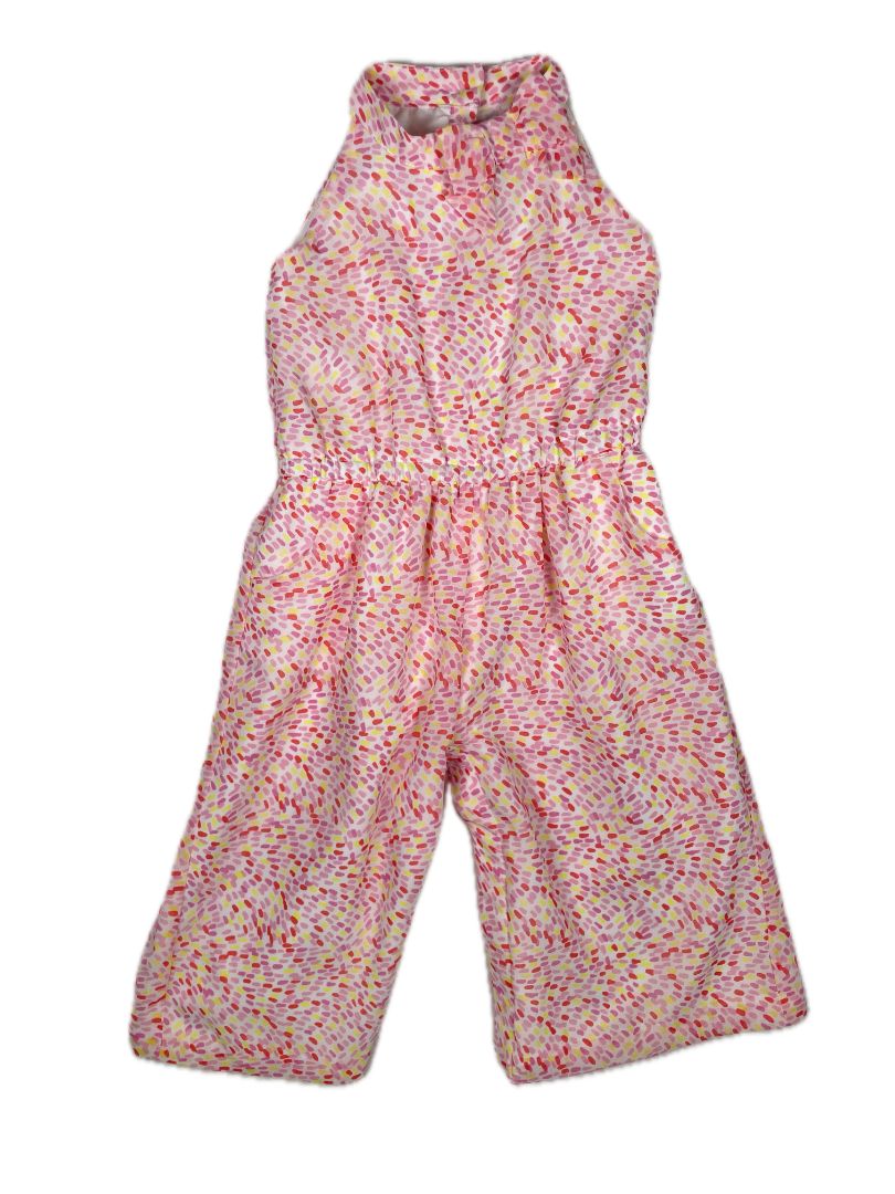 18-24 mo, Janie and Jack, Pink, New w/ tags - Sleeveless jumpsuit, red/yellow dash pattern, snap legs, bow collar
