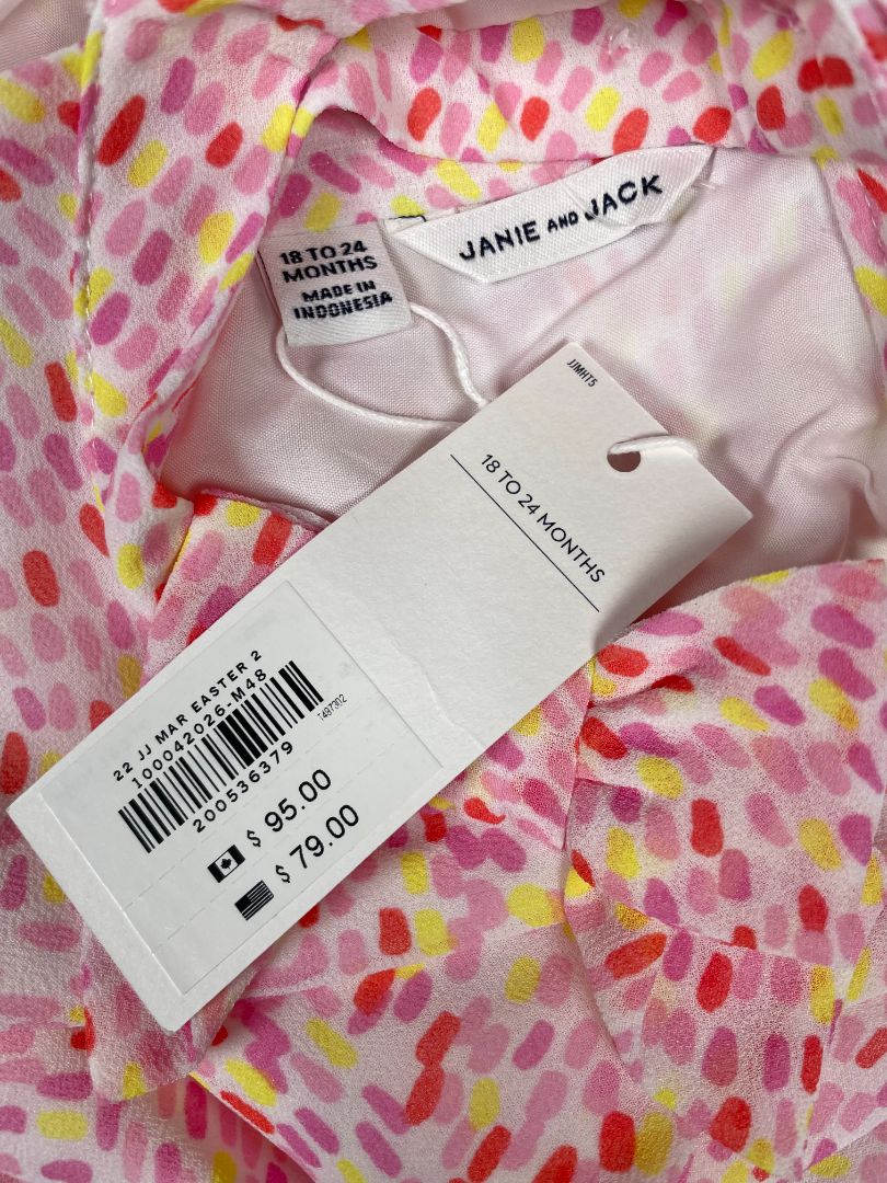 18-24 mo, Janie and Jack, Pink, New w/ tags - Sleeveless jumpsuit, red/yellow dash pattern, snap legs, bow collar