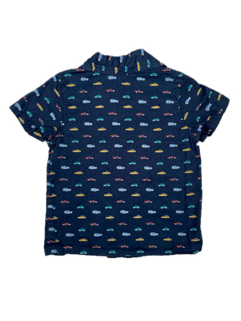 12 mo, Little Rebels, Blue, Car print short-sleeve button-up shirt