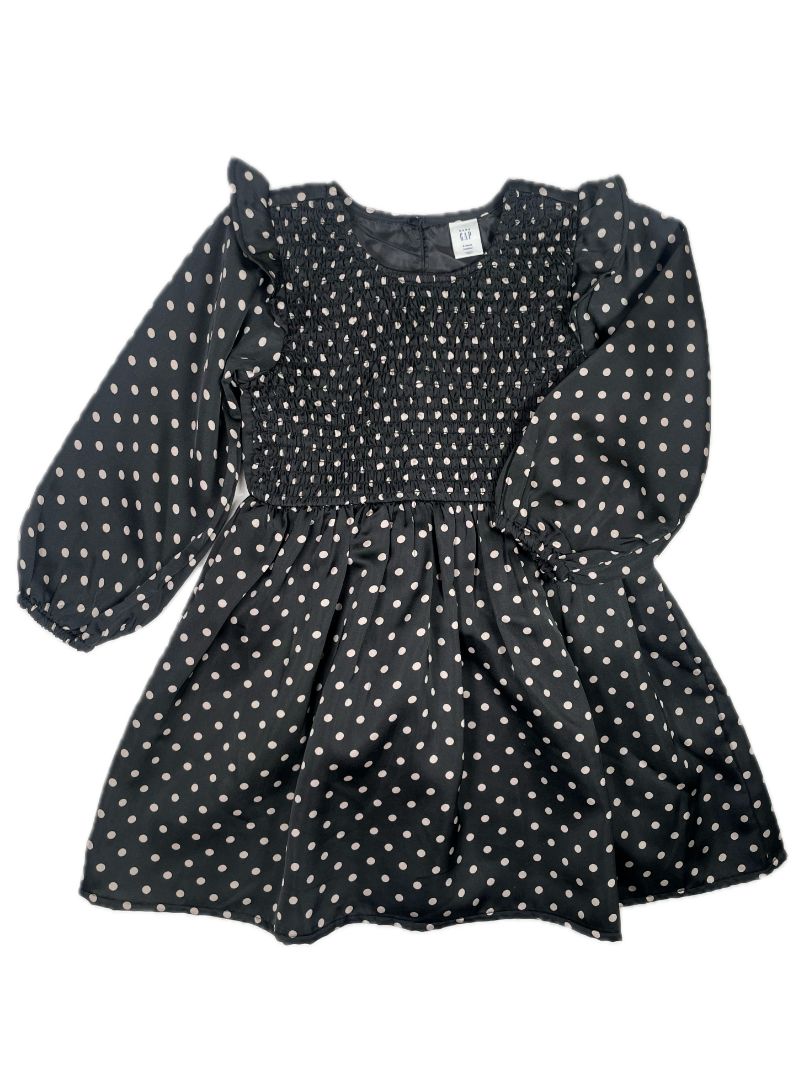 4/4T, babyGap, Black, Smocked polka dot long-sleeve dress