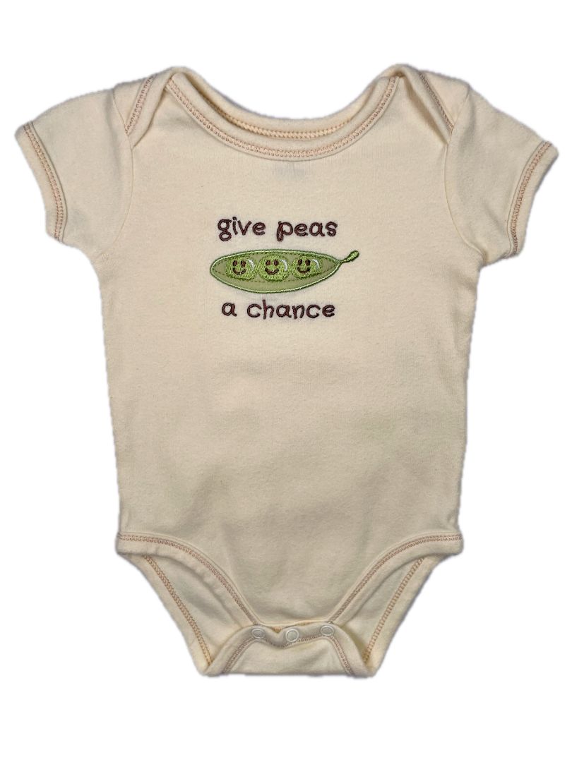 0-3 mo, Touched by Nature, Yellow, "Give peas a chance" embroidered short-sleeve bodysuit w/ pea pod