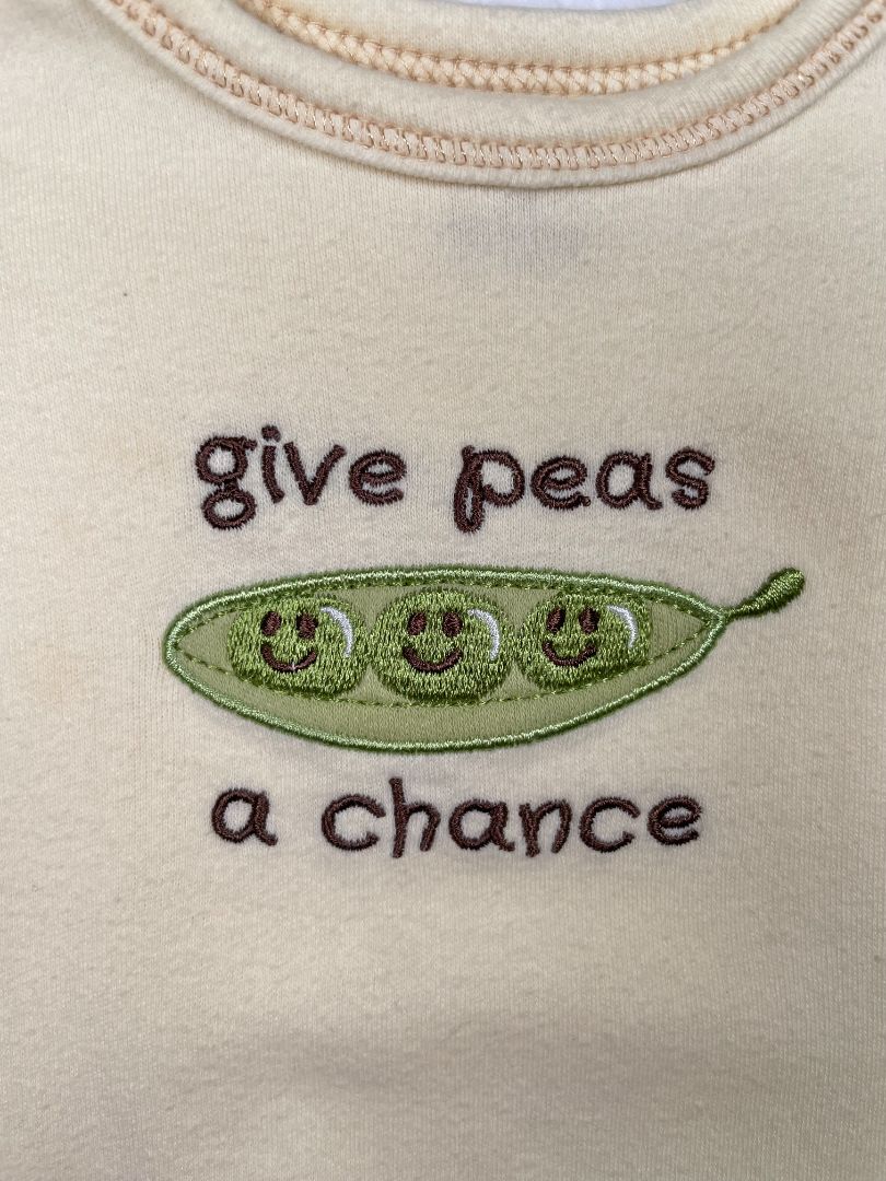 0-3 mo, Touched by Nature, Yellow, "Give peas a chance" embroidered short-sleeve bodysuit w/ pea pod