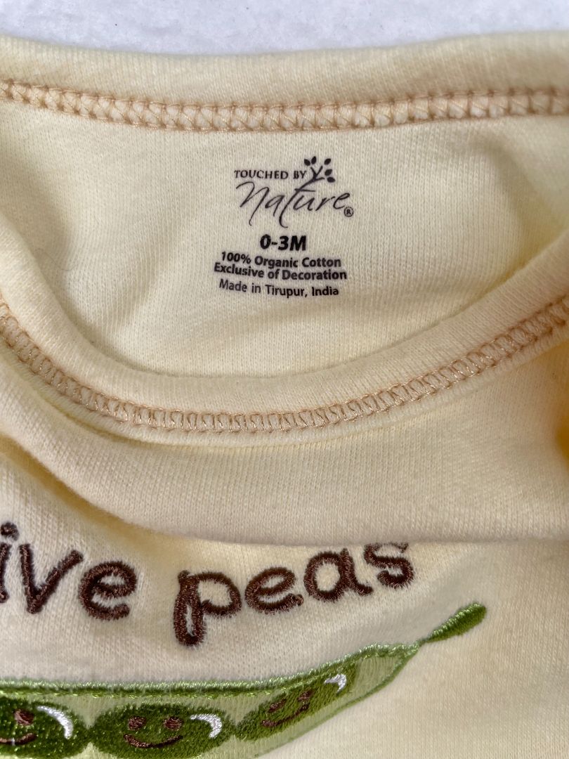 0-3 mo, Touched by Nature, Yellow, "Give peas a chance" embroidered short-sleeve bodysuit w/ pea pod