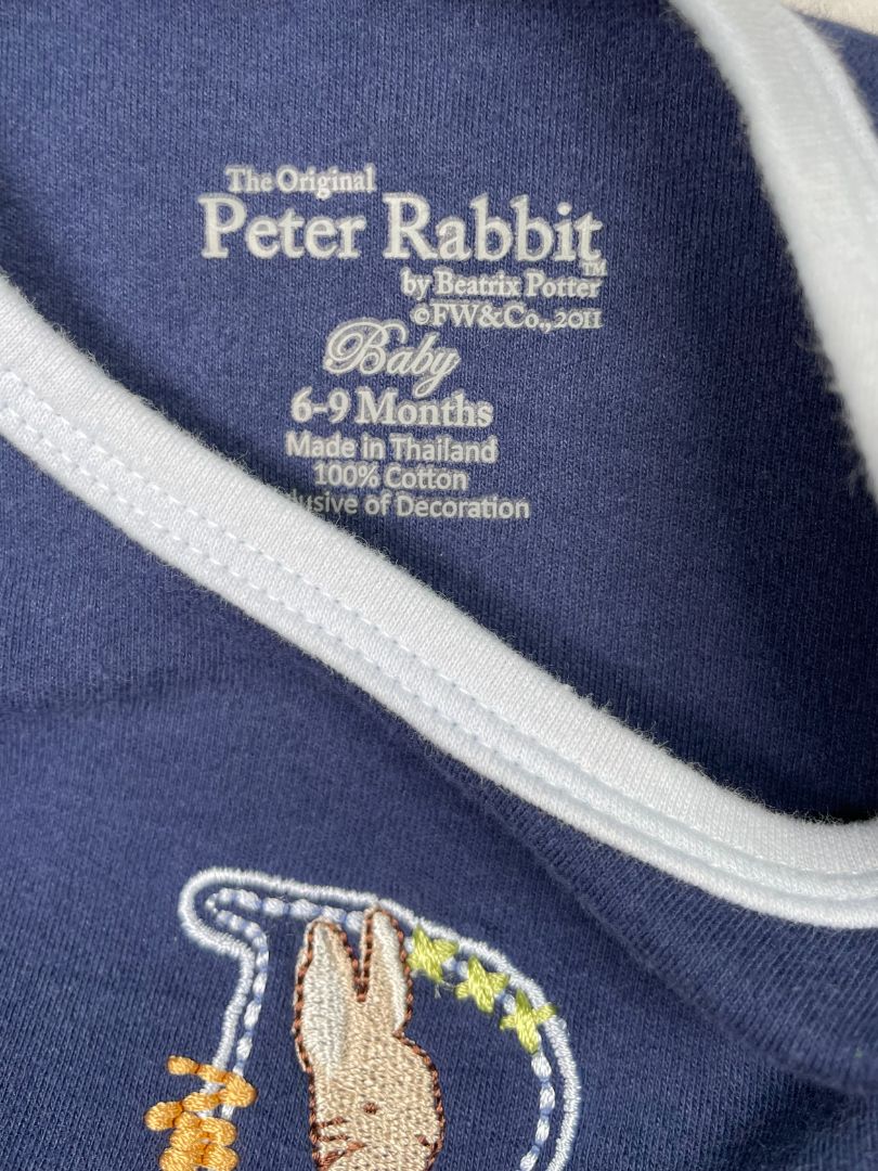 6-9 mo, The Original Peter Rabbit, Blue, Short-sleeve embroidered Peter Rabbit bodysuit, light blue trim