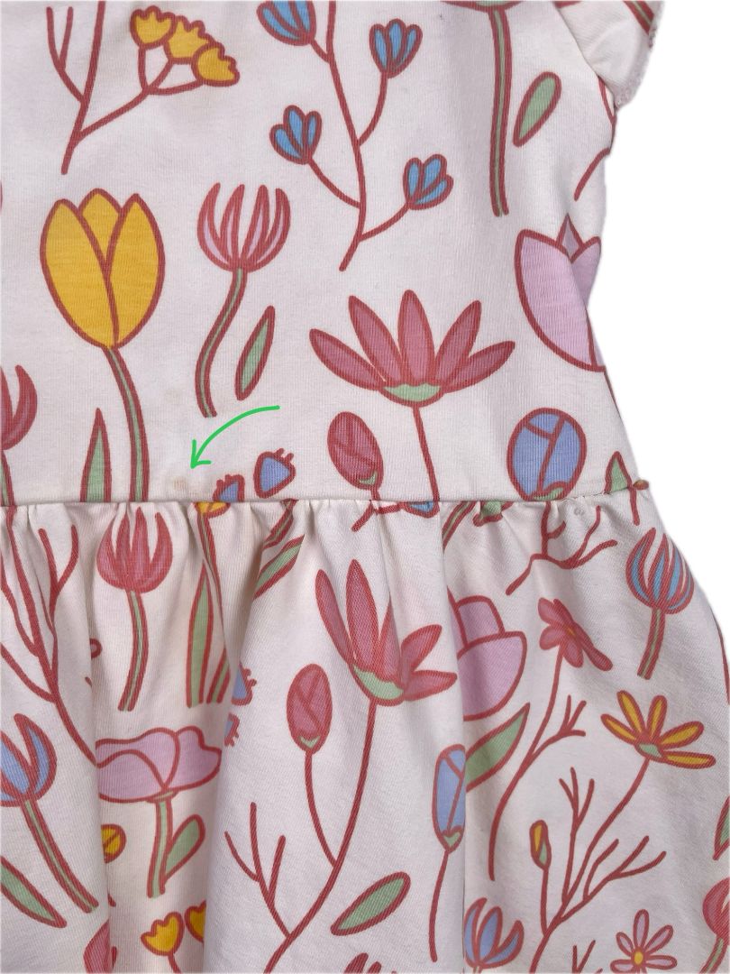 2/2T, Monica + Andy, White, Tulip/floral flutter-sleeve dress, organic cotton + stretch, pink/yellow/blue