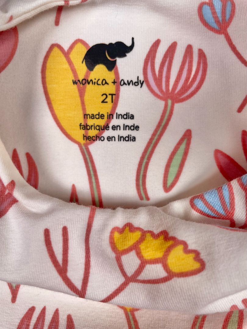 2/2T, Monica + Andy, White, Tulip/floral flutter-sleeve dress, organic cotton + stretch, pink/yellow/blue