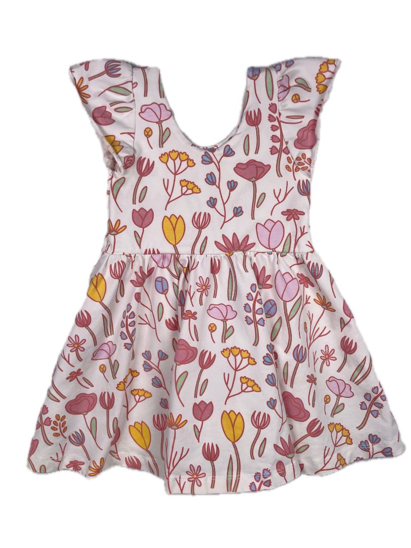 2/2T, Monica + Andy, White, Tulip/floral flutter-sleeve dress, organic cotton + stretch, pink/yellow/blue