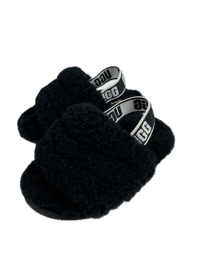 Size 7, UGG, Black, Fluff Yeah sheepskin slides / sandals