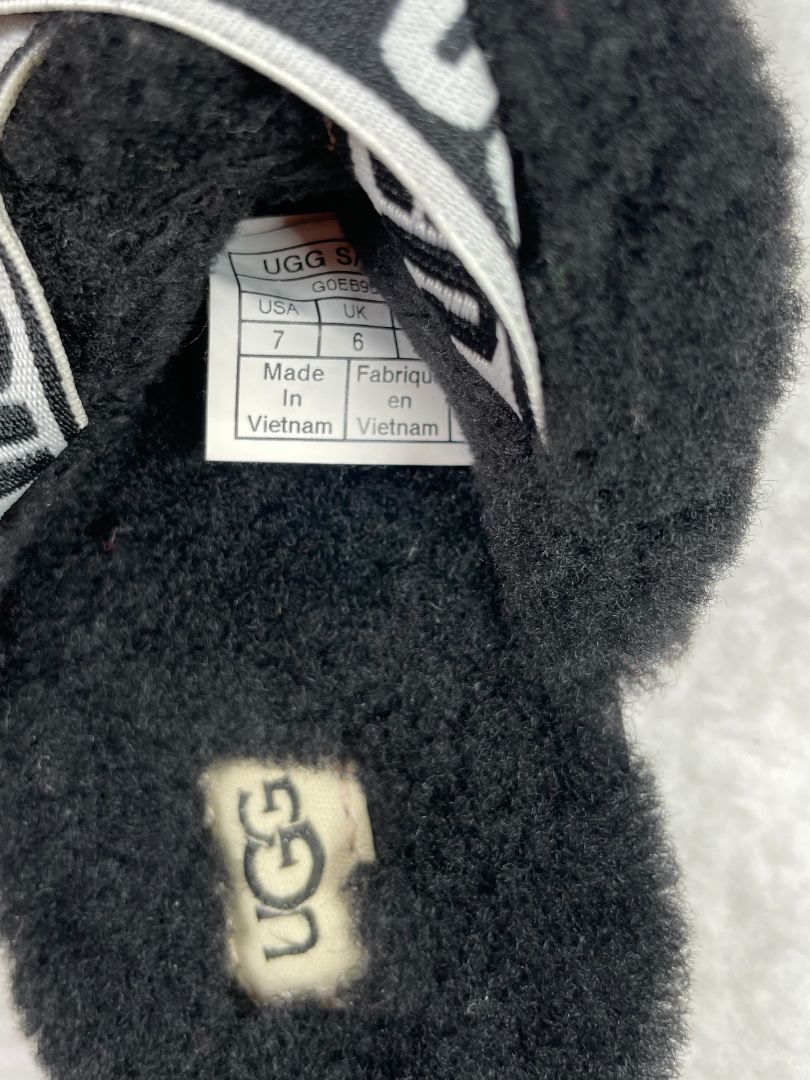 Size 7, UGG, Black, Fluff Yeah sheepskin slides / sandals