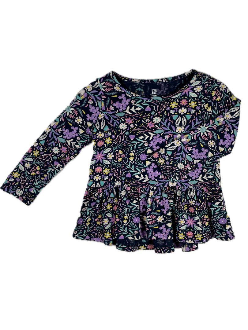 2/2T, babyGap, Blue, Purple floral long-sleeve shirt, peplum/ruffle bottom