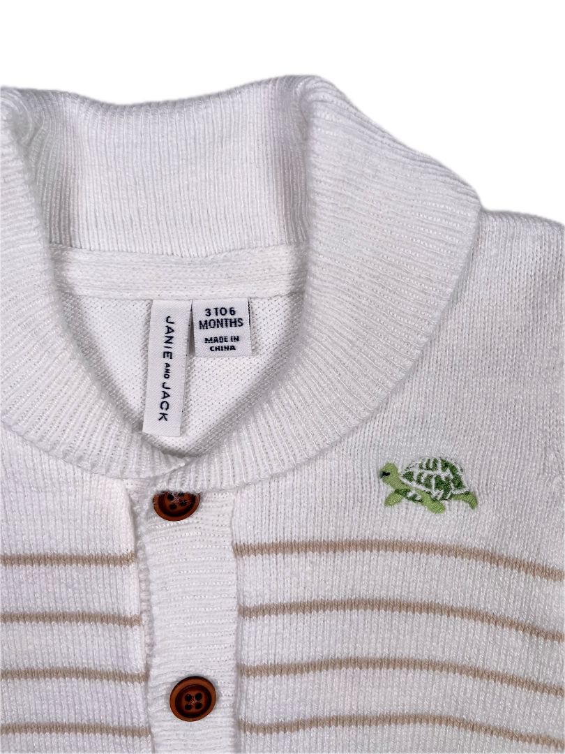 3-6 mo, Janie and Jack, White, Shawl collar tan-striped cardigan w/ turtle