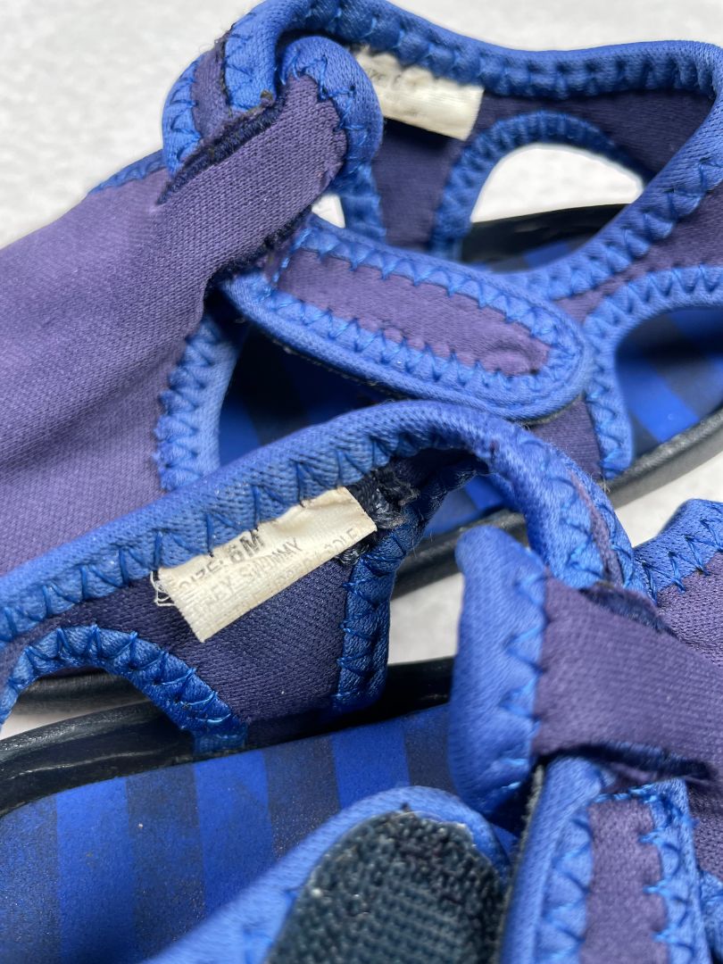 6 mo, Hanna Andersson, Blue, Water shoes, velcro strap, red stripe on back