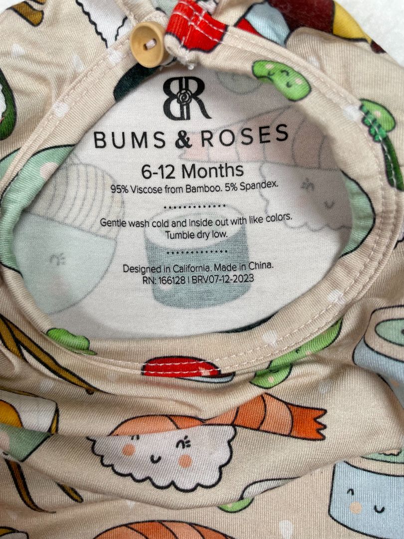 6-12 mo, Bums & Roses, Neutral, Sushi print long-sleeve bamboo dress w/ bodysuit