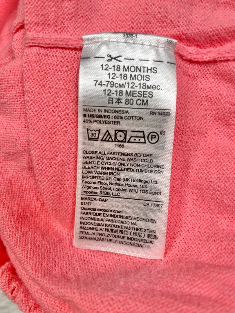 12-18 mo, babyGap, Pink, Neon button-up cardigan, pointelle accents