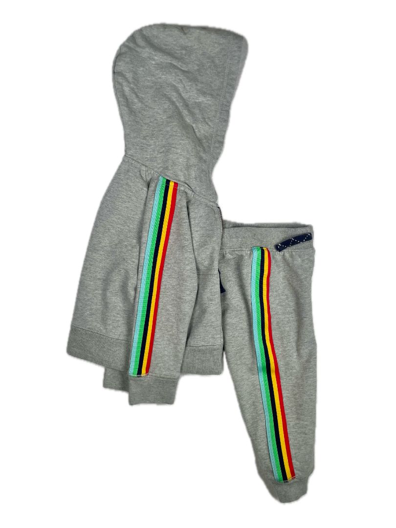 12-18 mo, Primary, Grey, Zip-up hooded sweatshirt + sweatpants w/ rainbow trim SET