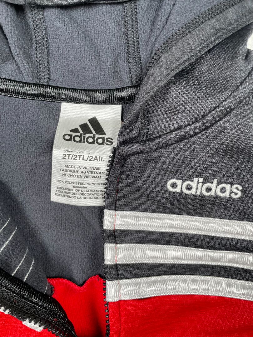 2/2T, Adidas, Black, Zip-up hoodie, red color block + white stripes, fleece-lined