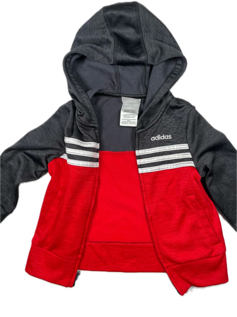 2/2T, Adidas, Black, Zip-up hoodie, red color block + white stripes, fleece-lined