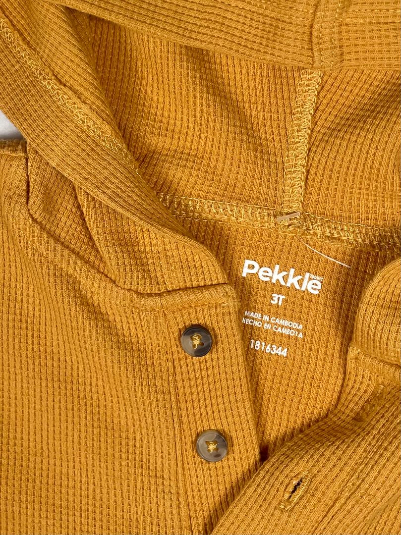 3/3T, Pekkle, Yellow, Waffle knit hooded long-sleeve shirt