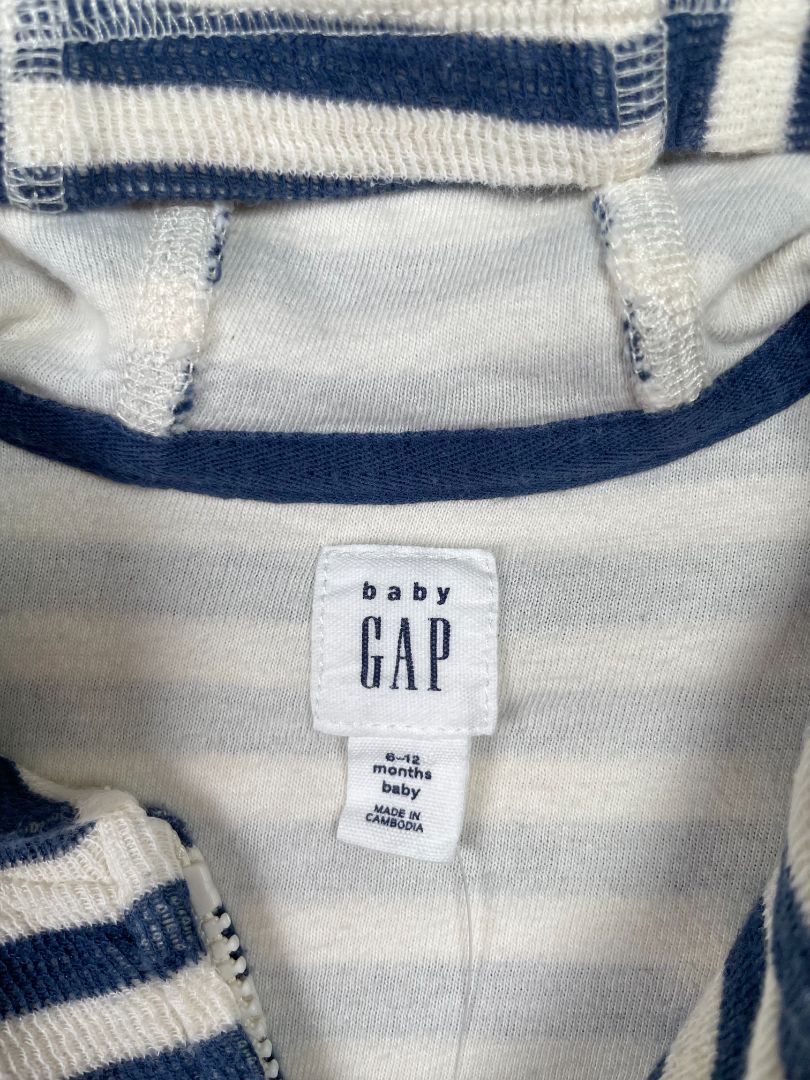 6-12 mo, babyGap, Cream, Navy striped zip-up hoodie, front pocket