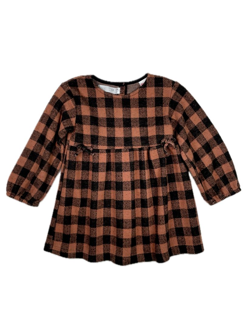 2-3, Zara, Brown, Black gingham cozy long-sleeve dress, bows at waist