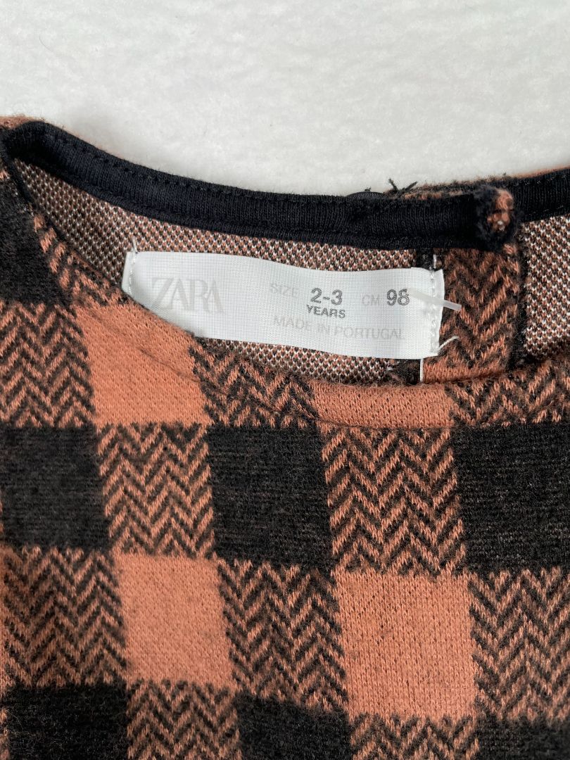 2-3, Zara, Brown, Black gingham cozy long-sleeve dress, bows at waist