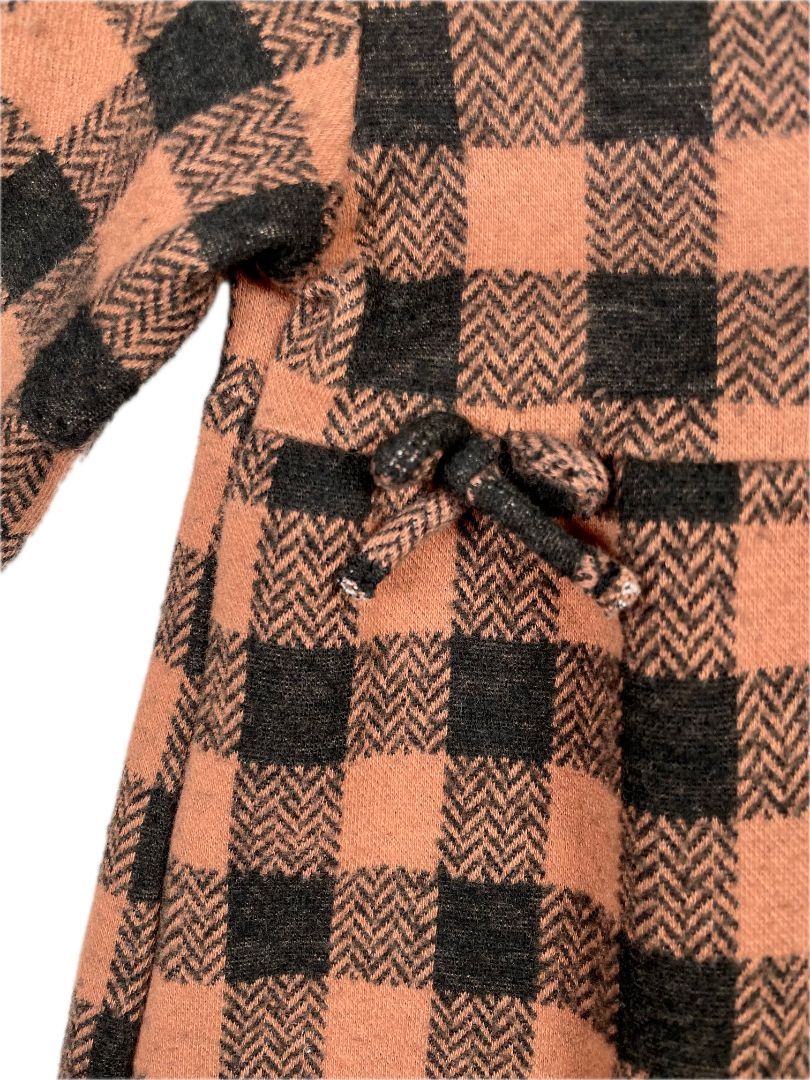 2-3, Zara, Brown, Black gingham cozy long-sleeve dress, bows at waist
