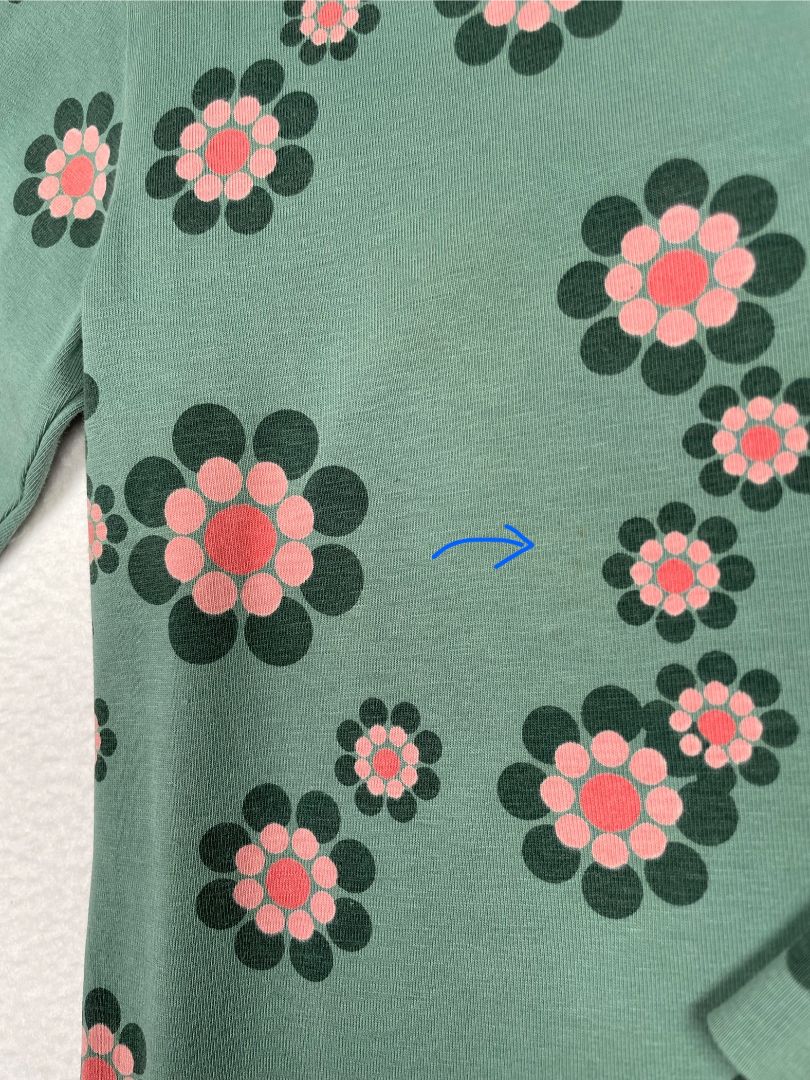 3-4, Alba of Denmark, Green, Long-sleeve dress, pink circle flowers, cotton + stretch
