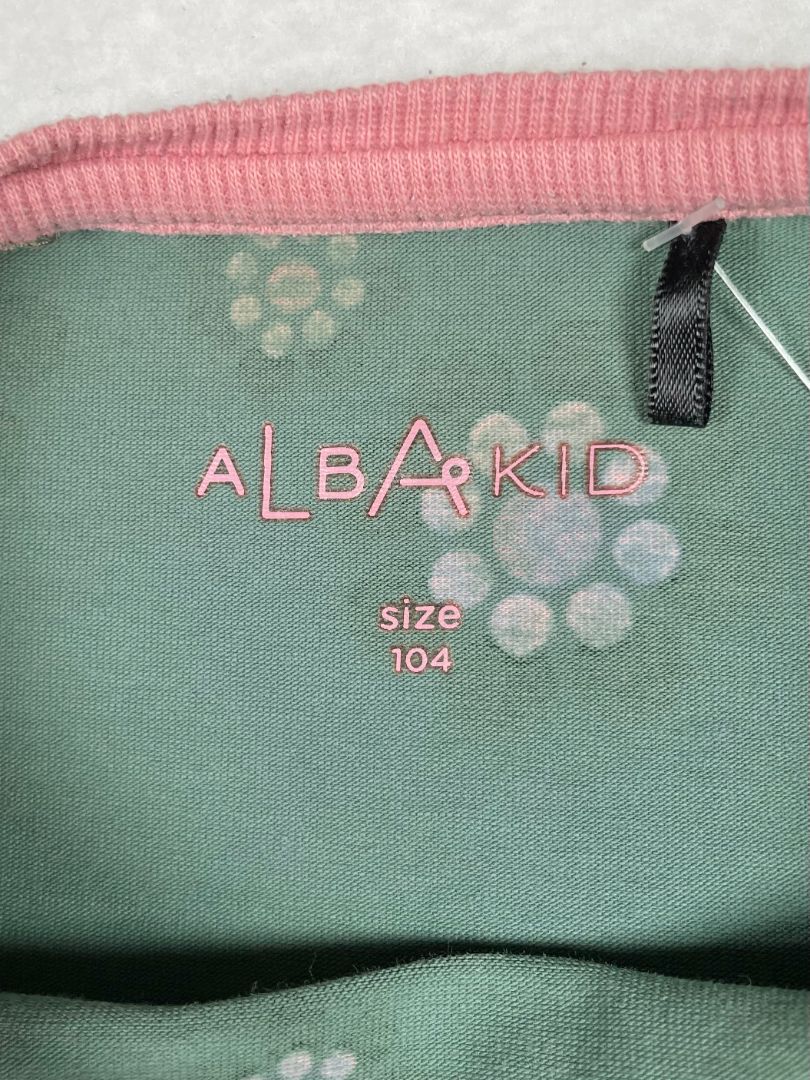 3-4, Alba of Denmark, Green, Long-sleeve dress, pink circle flowers, cotton + stretch