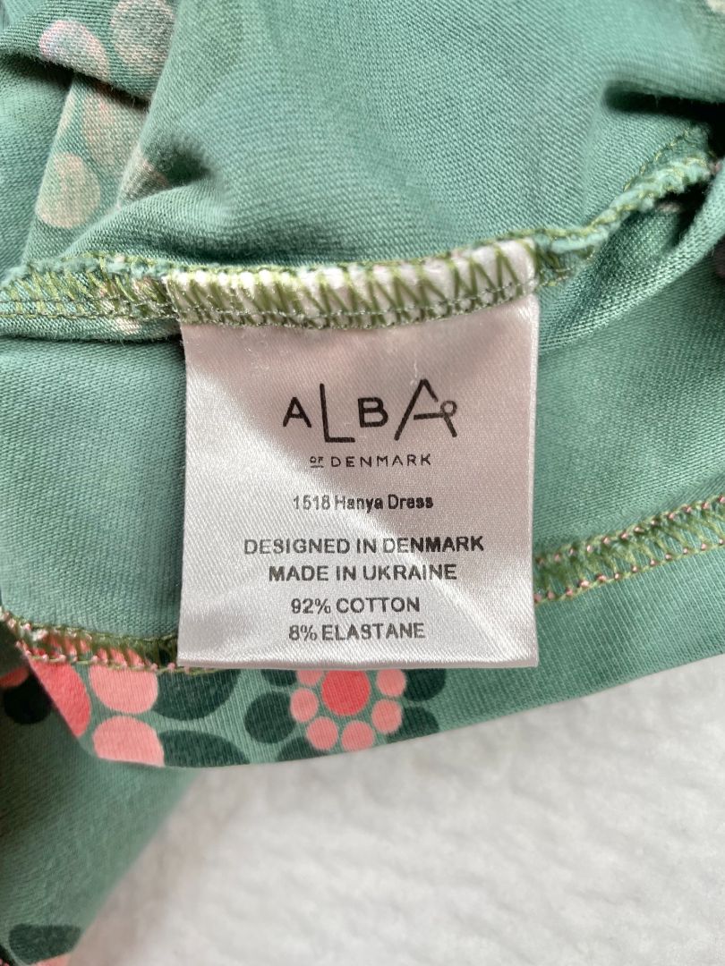 3-4, Alba of Denmark, Green, Long-sleeve dress, pink circle flowers, cotton + stretch