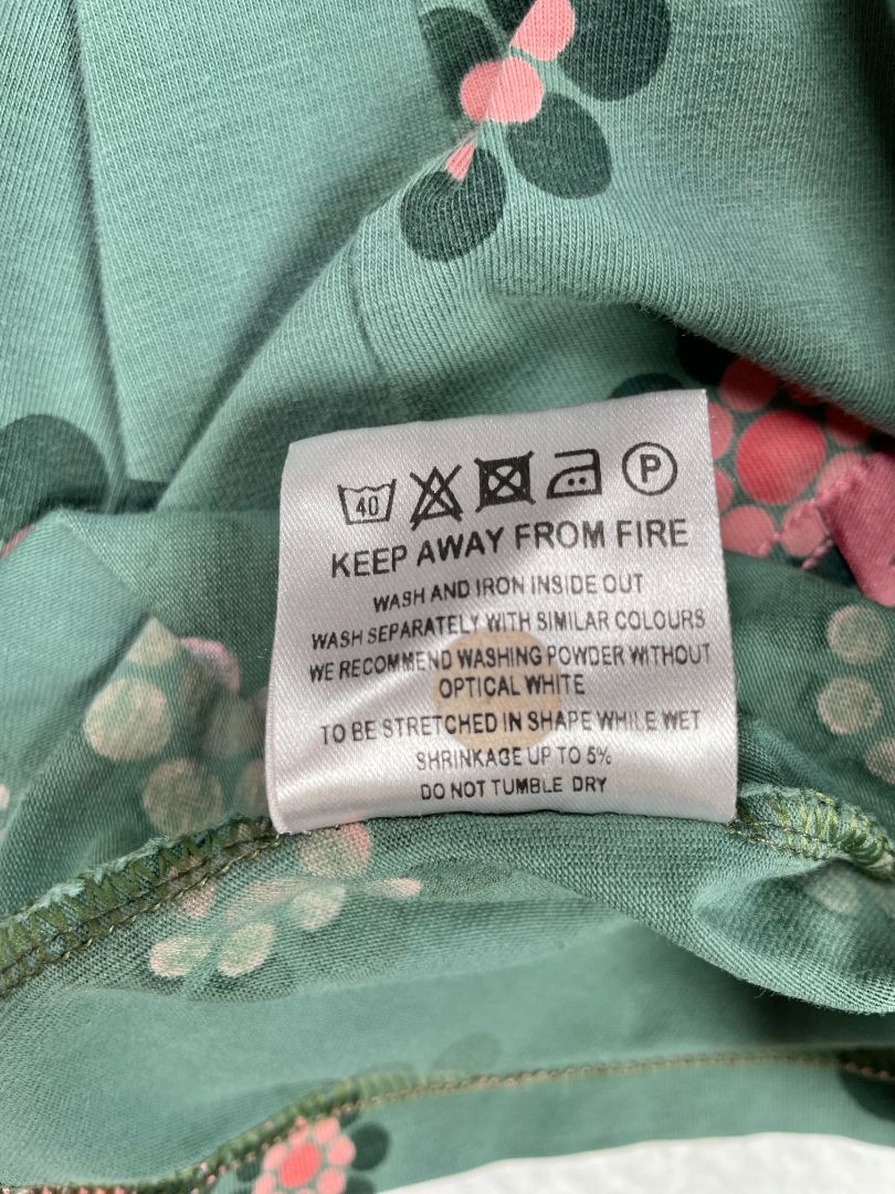 3-4, Alba of Denmark, Green, Long-sleeve dress, pink circle flowers, cotton + stretch