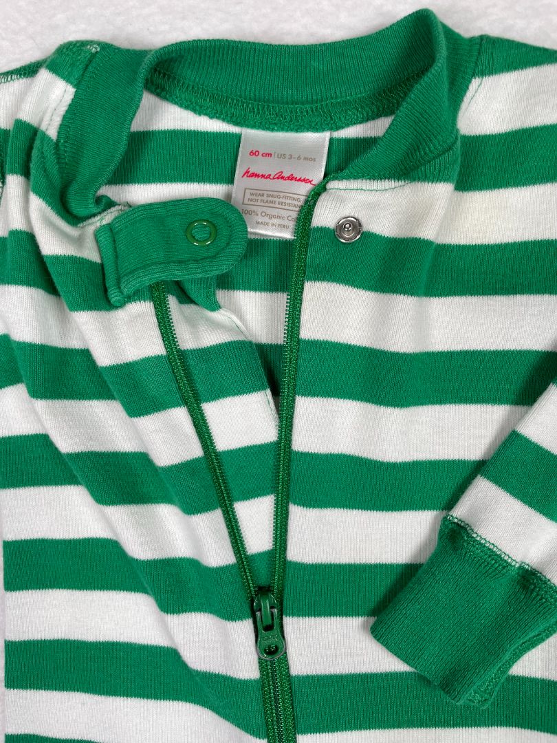 3-6 mo, Hanna Andersson, Green, Striped zip-up sleeper