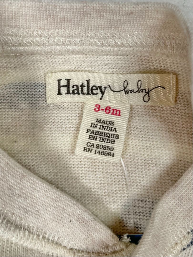 3-6 mo, Hatley, Cream, Striped navy bear print button-up coverall