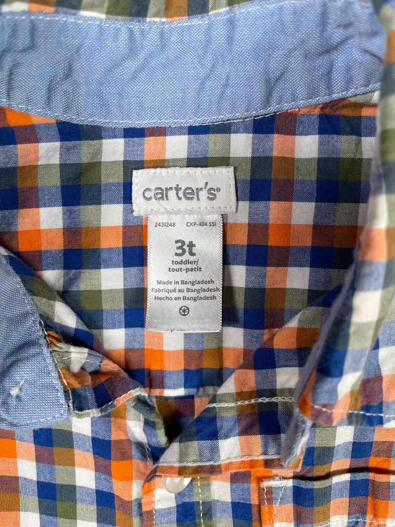 3/3T, Carter's, Orange, Blue/green/white gingham button-up shirt