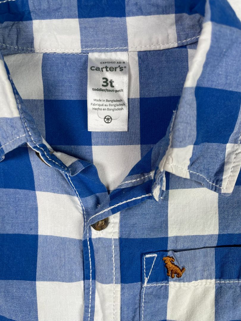 3/3T, Carter's, Blue, Large gingham print button-up shirt, dog emblem, white
