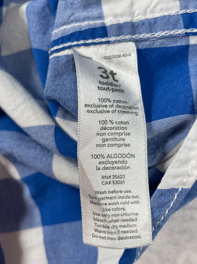 3/3T, Carter's, Blue, Large gingham print button-up shirt, dog emblem, white