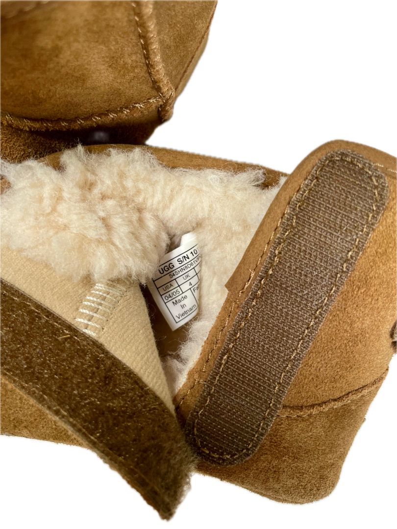 Size 4-5, UGG, Brown, Suede boots, wool blend lining, 2 hook-and-loop closures, pink bows on back