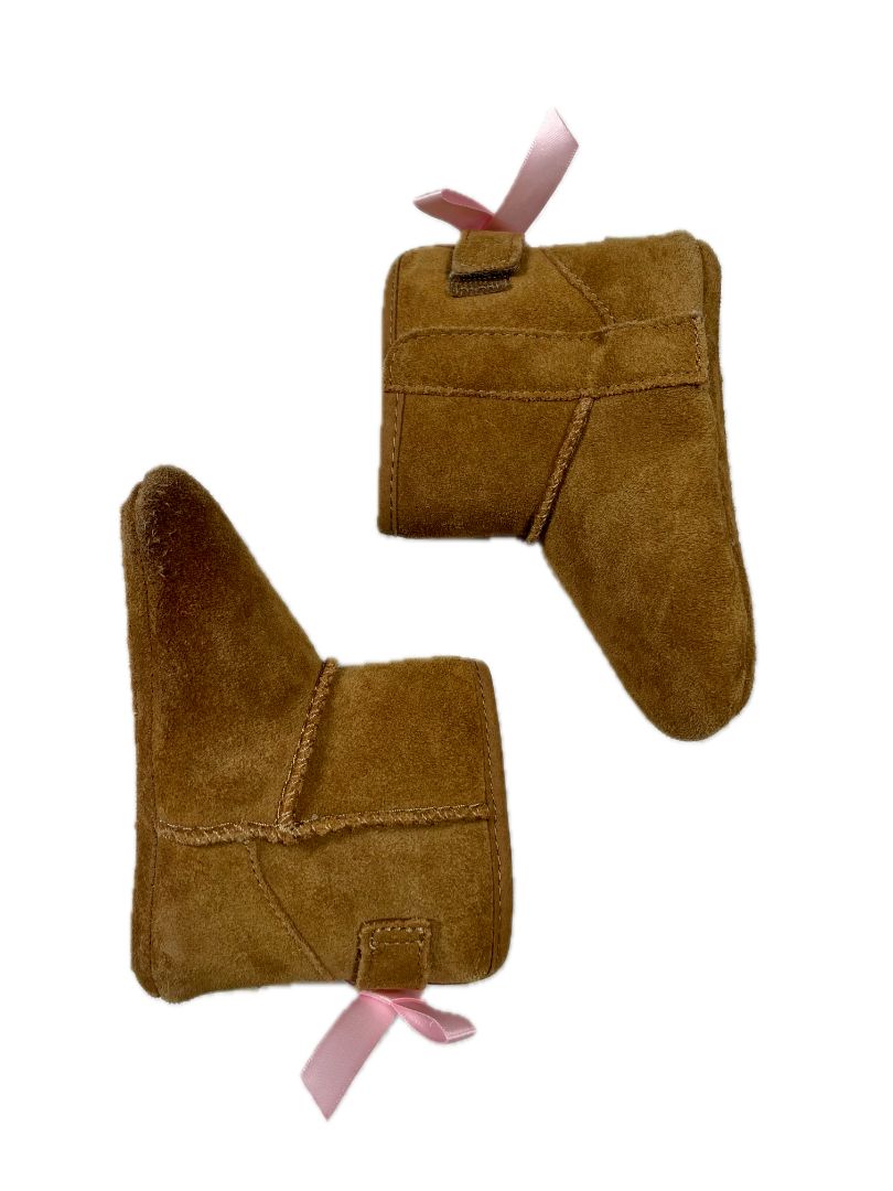 Size 4-5, UGG, Brown, Suede boots, wool blend lining, 2 hook-and-loop closures, pink bows on back