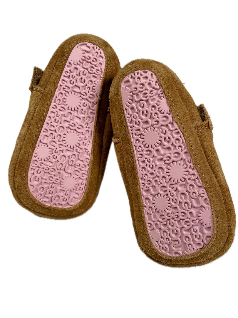 Size 4-5, UGG, Brown, Suede boots, wool blend lining, 2 hook-and-loop closures, pink bows on back