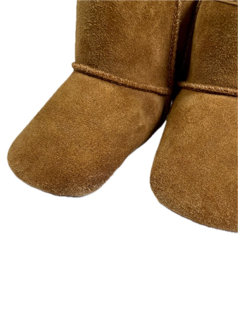 Size 4-5, UGG, Brown, Suede boots, wool blend lining, 2 hook-and-loop closures, pink bows on back