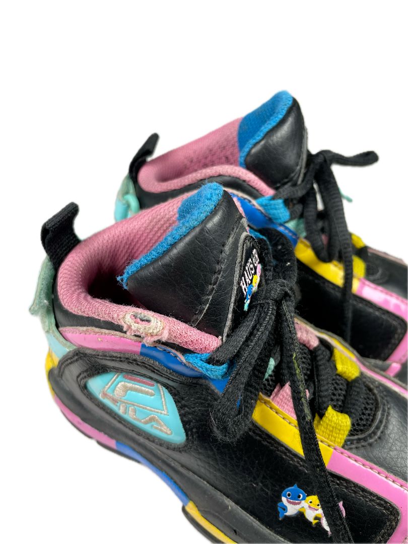 shoes: ~10-11, FILA x Haus of JR, Black, Baby Shark collab sneakers, blue/yellow/pink