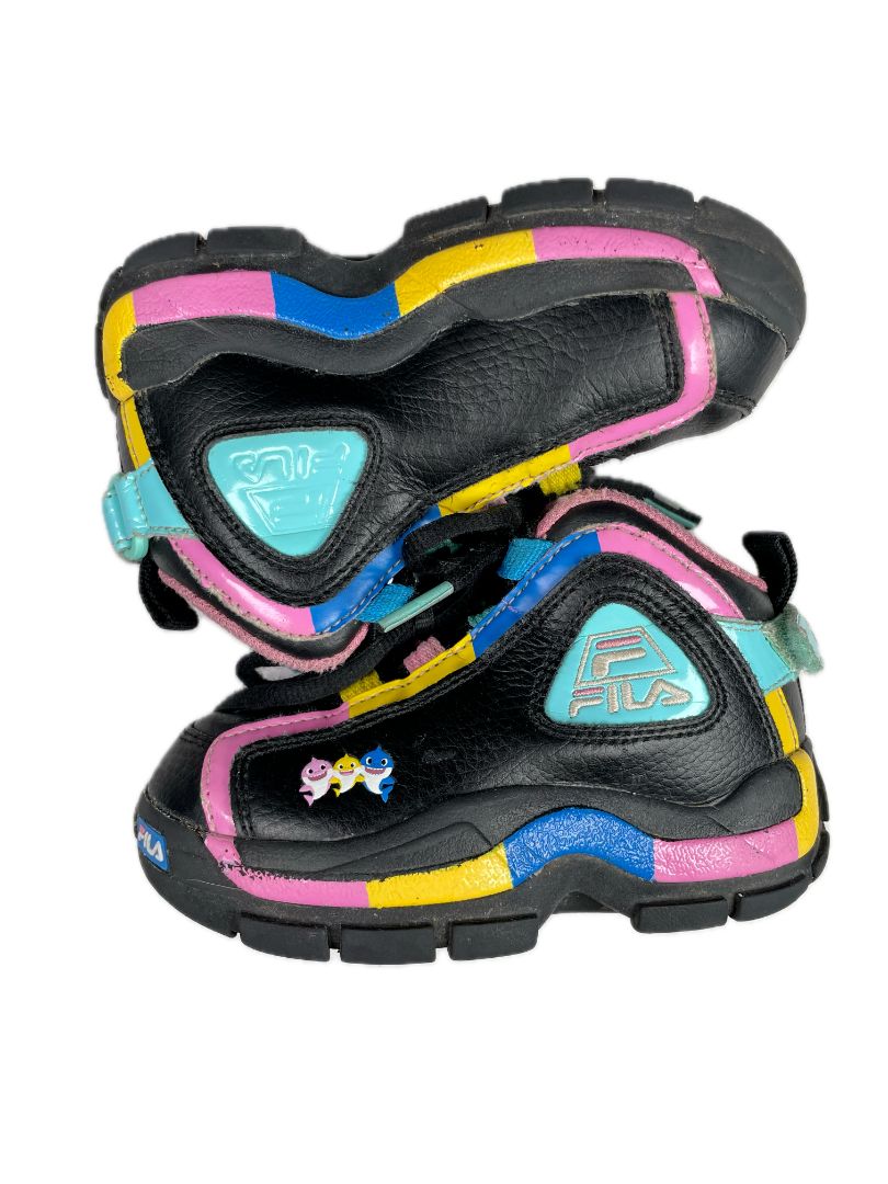 shoes: ~10-11, FILA x Haus of JR, Black, Baby Shark collab sneakers, blue/yellow/pink