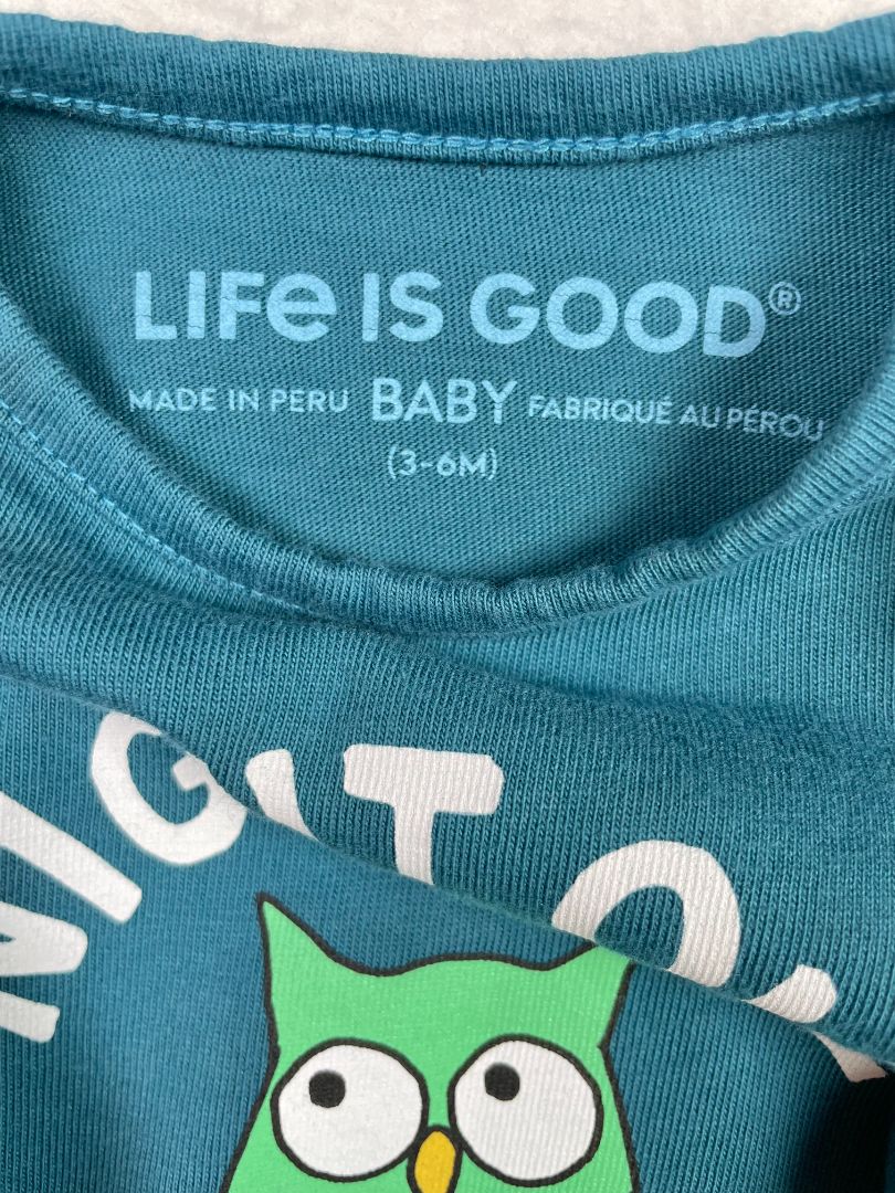 3-6 mo, Life is Good, Blue, Night Owl long-sleeve bodysuit