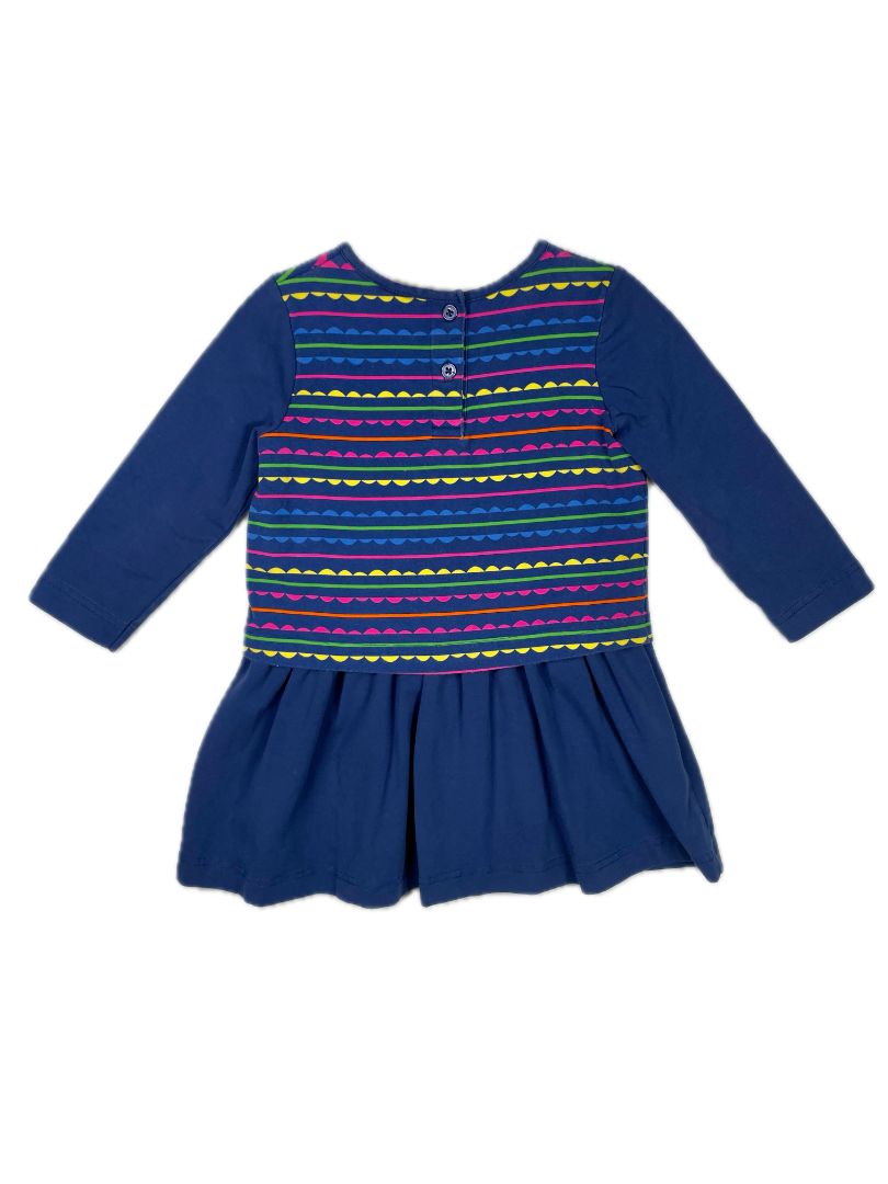 3/3T, Florence Eiseman, Blue, Drop waist long-sleeve dress, scallop striped top, green/pink/yellow, cotton + stretch