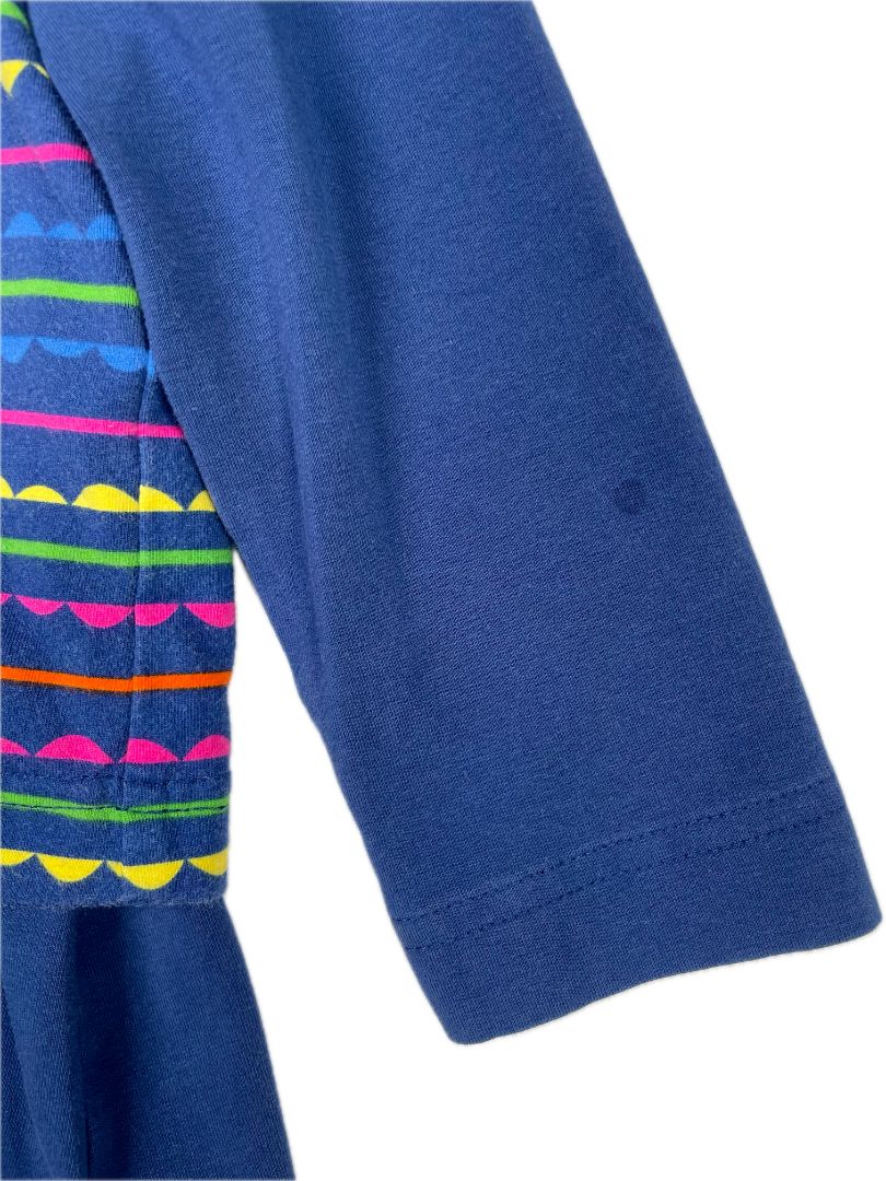 3/3T, Florence Eiseman, Blue, Drop waist long-sleeve dress, scallop striped top, green/pink/yellow, cotton + stretch
