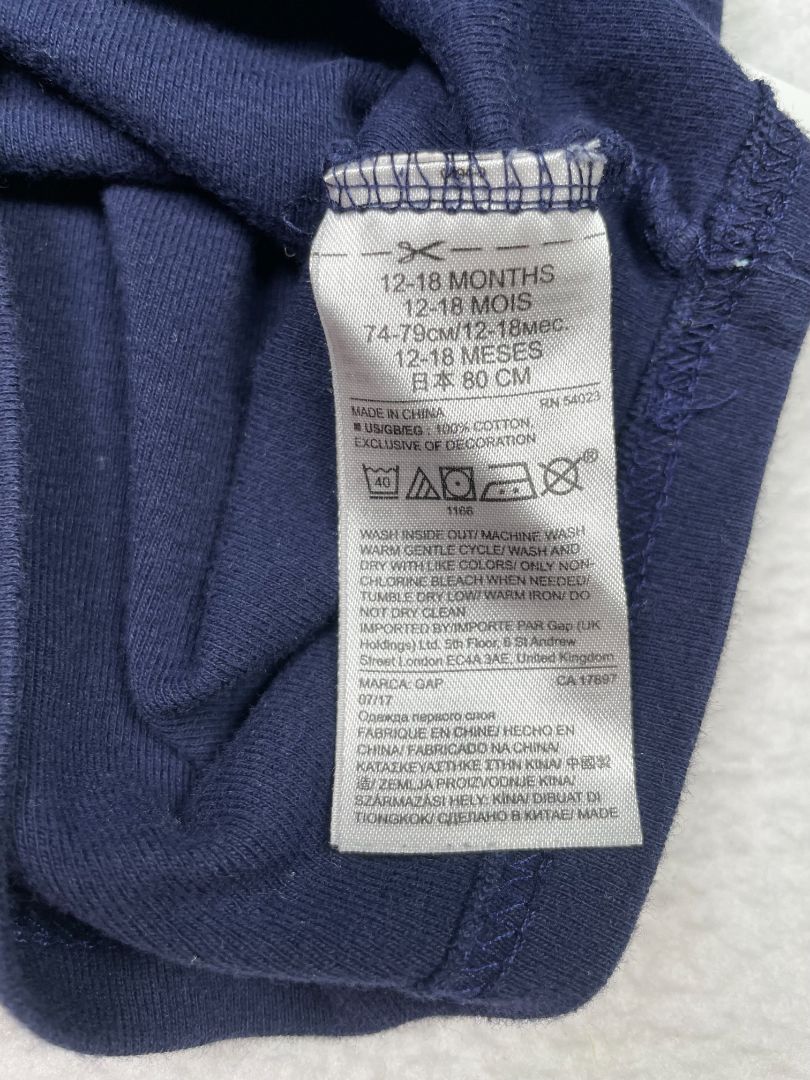 12-18 mo, babyGap, Blue, Embroidered brown teddy bear long-sleeve shirt