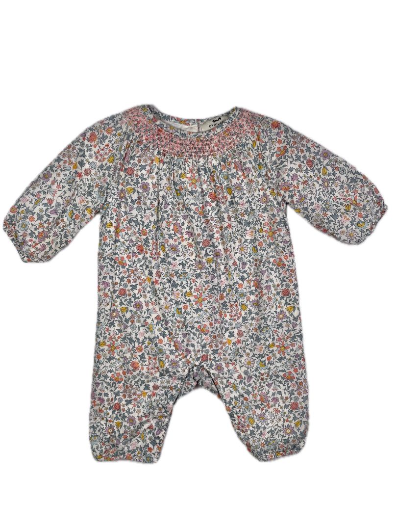 3 mo, Cyrillus, Cream, Liberty fabric floral jumpsuit, smocked neckline, snap legs