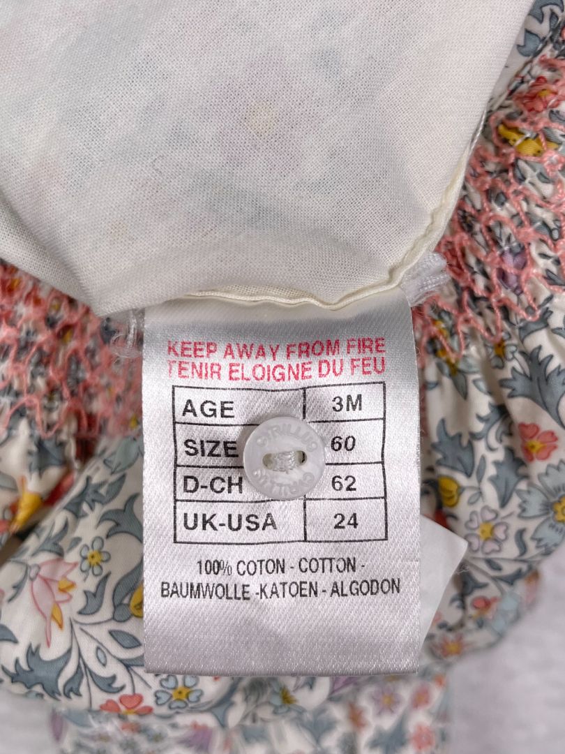 3 mo, Cyrillus, Cream, Liberty fabric floral jumpsuit, smocked neckline, snap legs